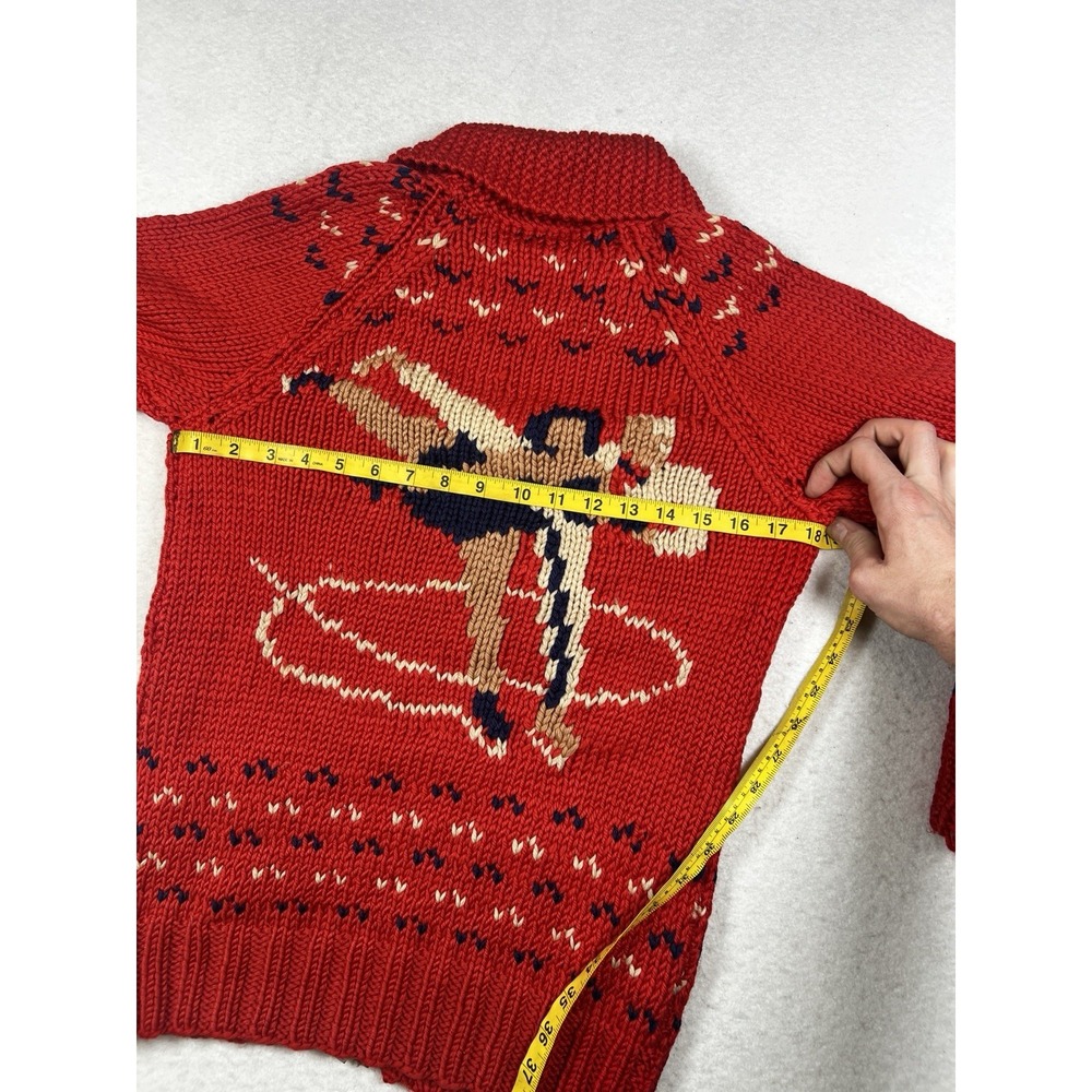 Vintage Mary Maxim Cowichan Figure Skating, Wool, Hand Knit Red Zip Up Sweater - Picture 14 of 16